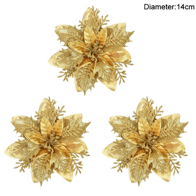 Lot de 3/10 fleurs de Noël à paillettes de 14 cm, tête de fleur rouge et dorée, ornement pour arbre de Noël, décorations du Nouvel An pour la maison, cadeaux de Noël