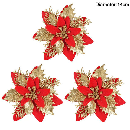 Lot de 3/10 fleurs de Noël à paillettes de 14 cm, tête de fleur rouge et dorée, ornement pour arbre de Noël, décorations du Nouvel An pour la maison, cadeaux de Noël