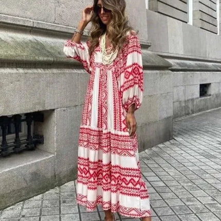 Robe longue élégante à manches bouffantes - Motifs