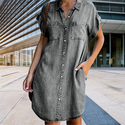 Robe Tunique Chemise en Jean manches courtes et poches