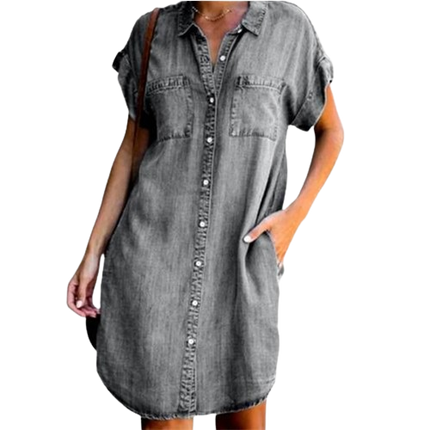 Robe Tunique Chemise en Jean manches courtes et poches