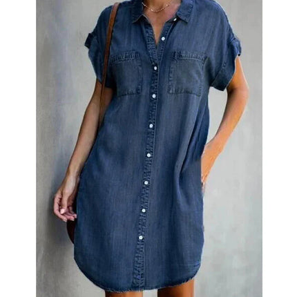 Robe Tunique Chemise en Jean manches courtes et poches