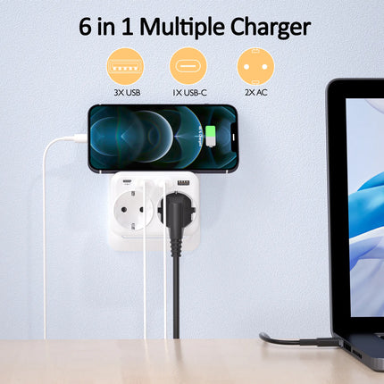 Multiprise murale 6 EN 1 - USB et USB-C - Charge rapide