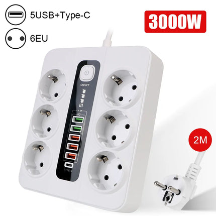 Multiprise 12 en 1 avec bouton On/Off - 6 Prises et 6 Ports USB