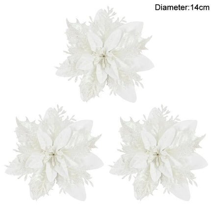 Lot de 3/10 fleurs de Noël à paillettes de 14 cm, tête de fleur rouge et dorée, ornement pour arbre de Noël, décorations du Nouvel An pour la maison, cadeaux de Noël