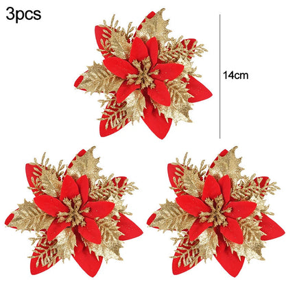 Lot de 3/10 fleurs de Noël à paillettes de 14 cm, tête de fleur rouge et dorée, ornement pour arbre de Noël, décorations du Nouvel An pour la maison, cadeaux de Noël